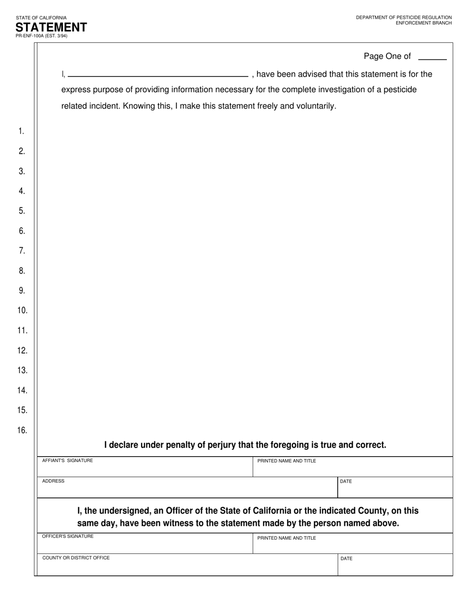 Form PR-ENF-100A Statement - California, Page 1