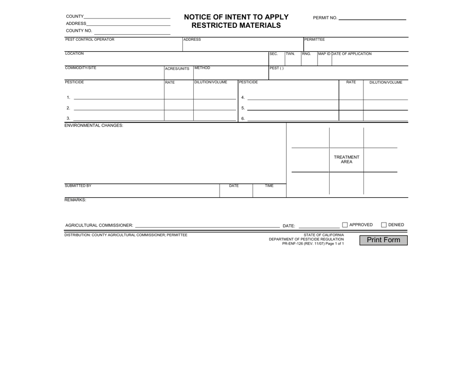 Form PR-ENF-126 Notice of Intent to Apply Restricted Materials - California, Page 1