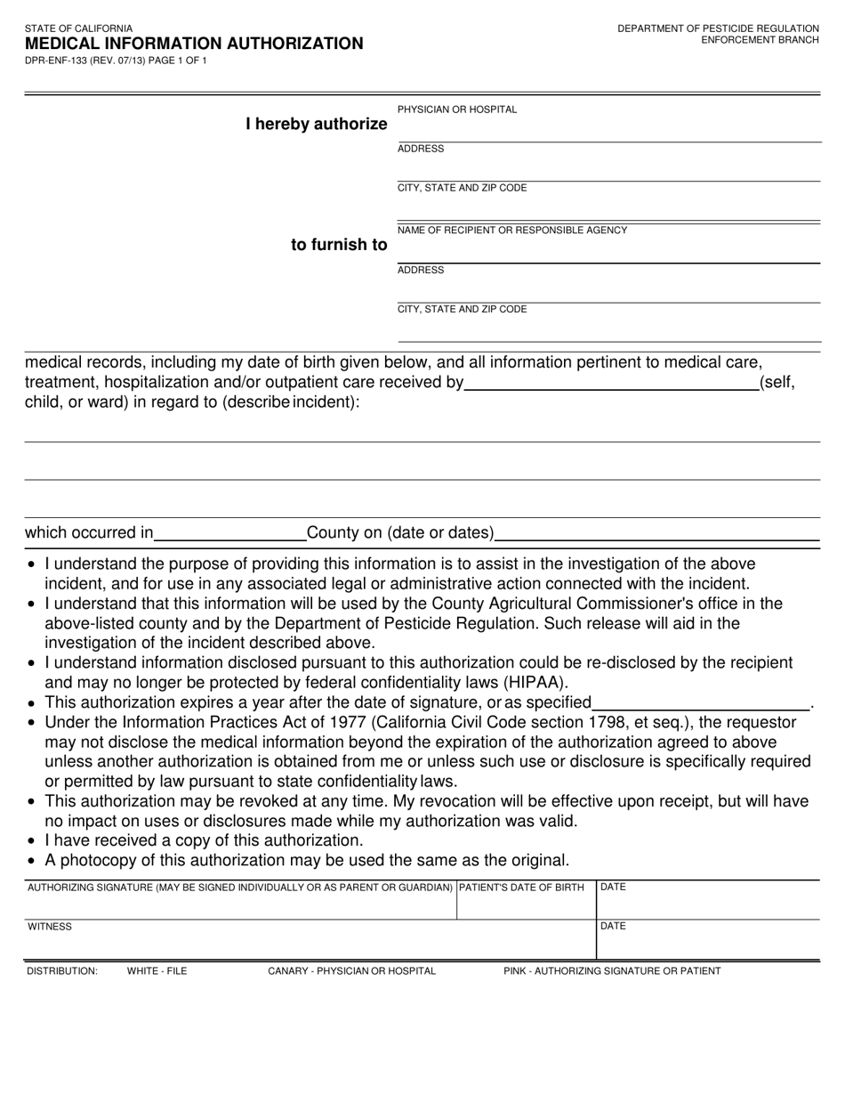 Form DPR-ENF-133 Medical Information Authorization - California, Page 1