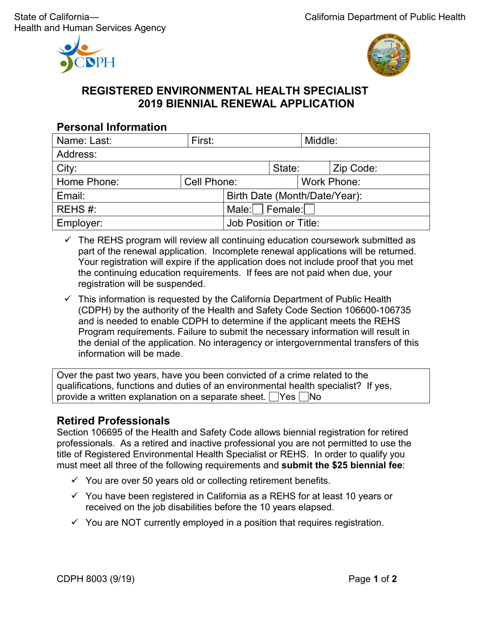 Form CDPH8003 Registered Environmental Health Specialist Biennial Renewal Application - California, Page 1