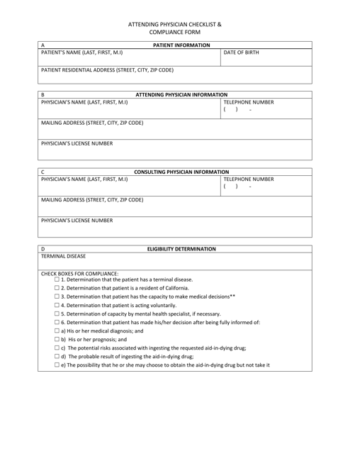 Attending Physician Checklist & Compliance Form - California Download Pdf