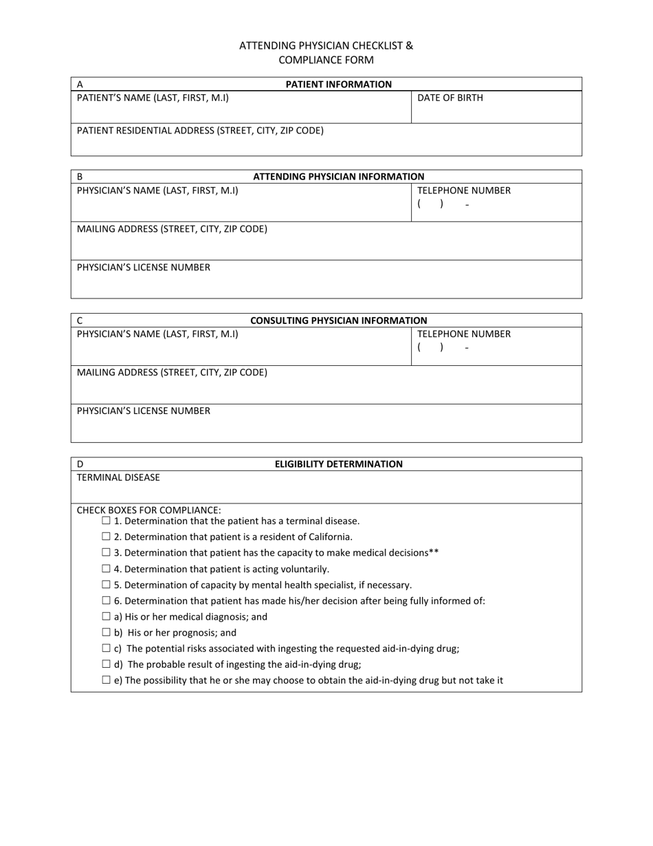 Attending Physician Checklist  Compliance Form - California, Page 1