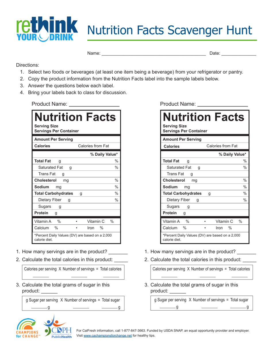 California Nutrition Facts Scavenger Hunt Download Printable PDF For Nutrition Label Worksheet Answer