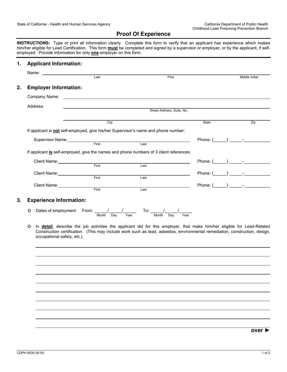 Form CDPH8539 Proof of Experience - California, Page 1