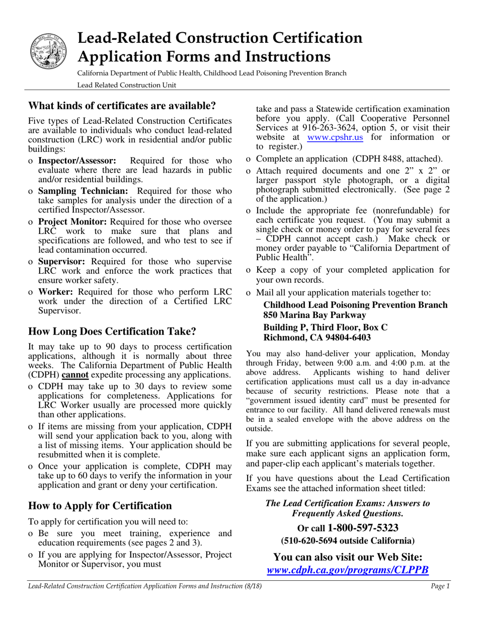 Form CDPH8488 Application for Lead Certification - California, Page 1