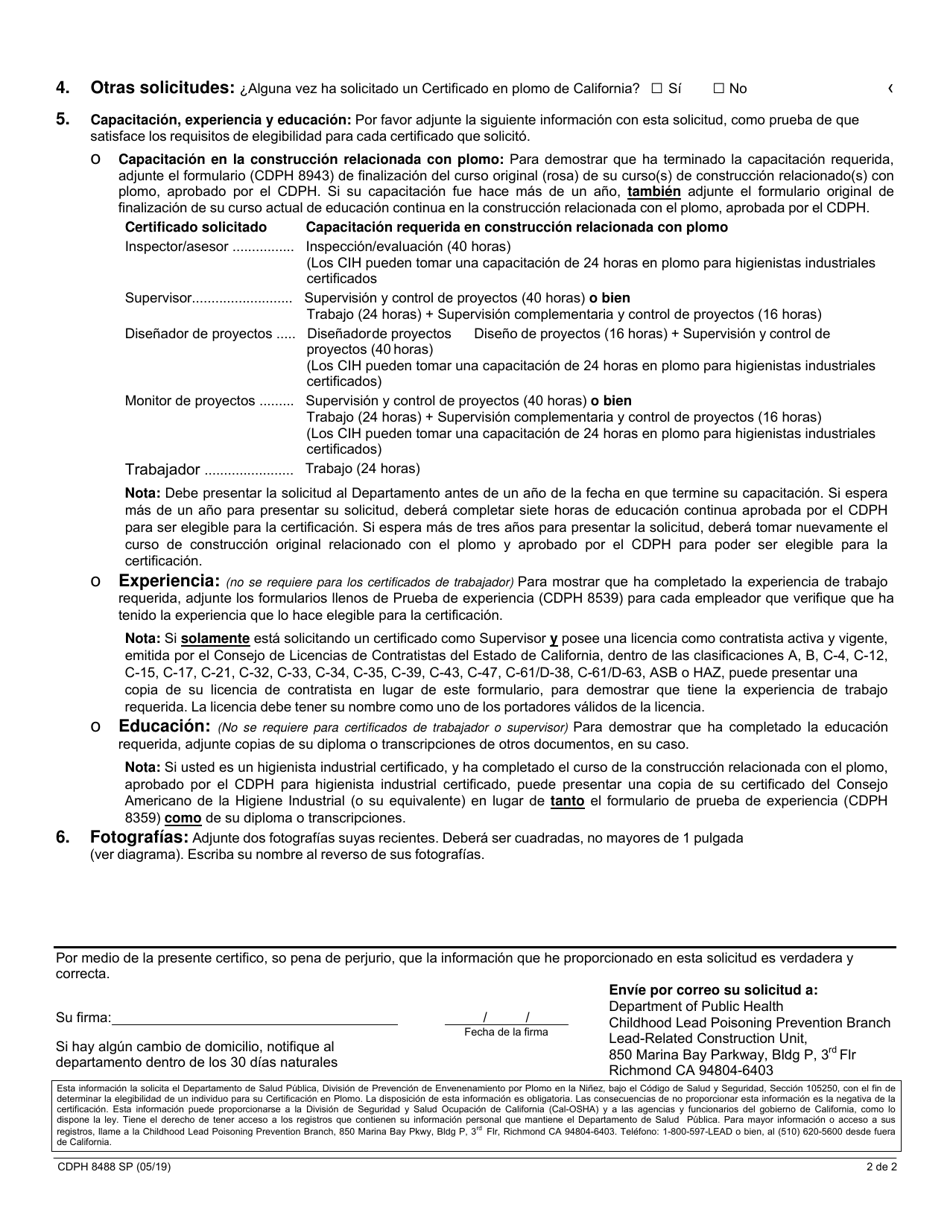 Formulario CDPH8488 SP Solicitud Para Certificacion De Plomo - California (Spanish), Page 3