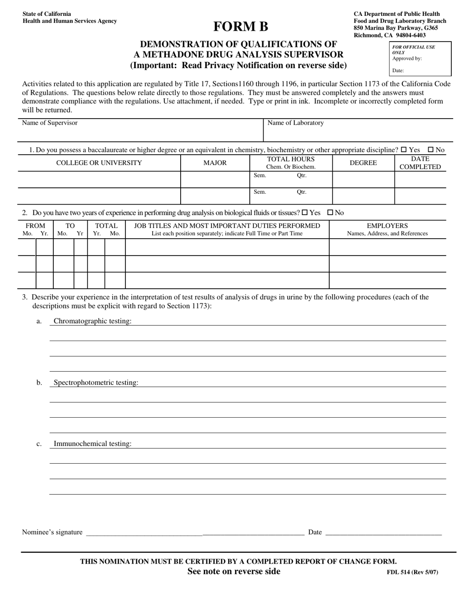 Form B (FDL514) Demonstration of Qualifications of a Methadone Drug Analysis Supervisor - California, Page 1