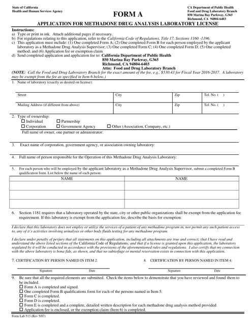 Form A (LAB513) Application for Methadone Drug Analysis Laborathory License - California