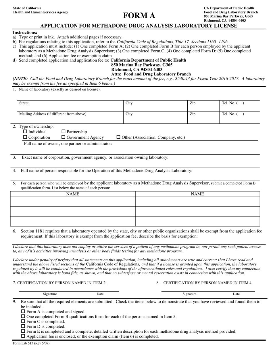 Form A (LAB513) Application for Methadone Drug Analysis Laborathory License - California, Page 1