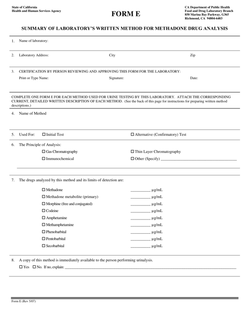 Form E Summary of Laboratory's Written Method for Methadone Drug Analysis - California
