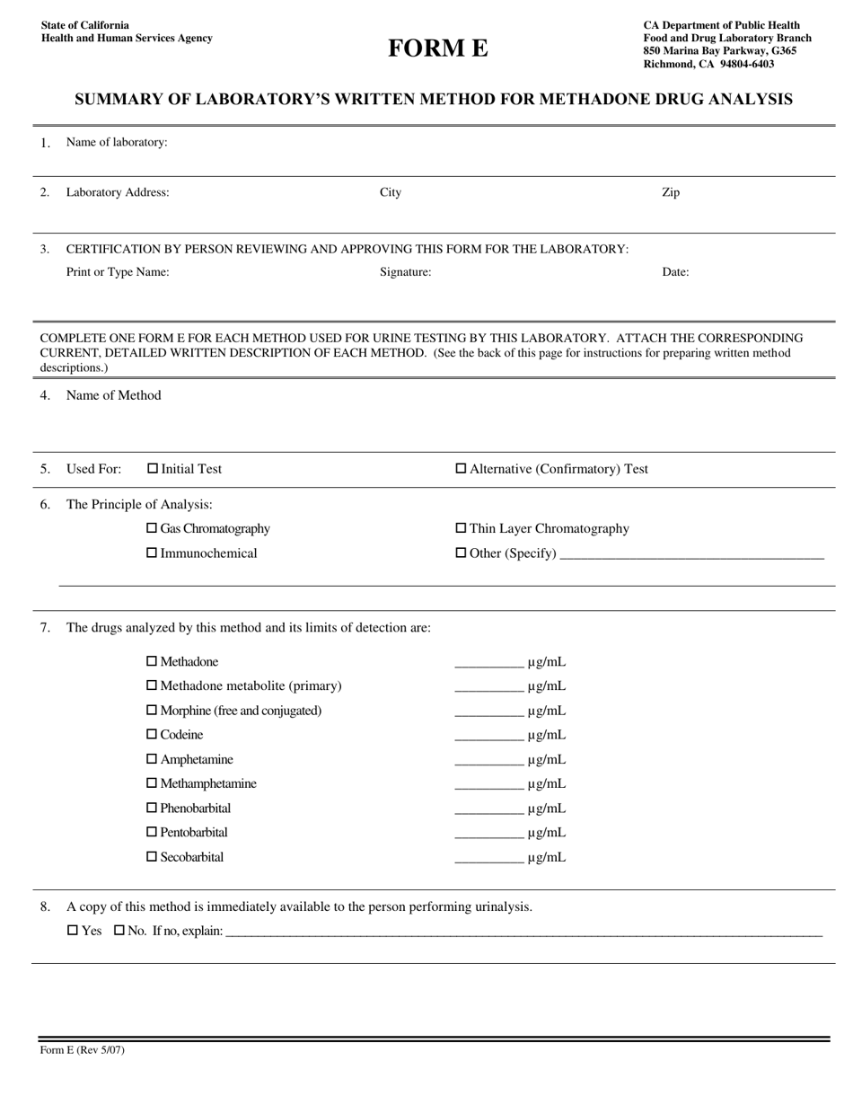 Form E Summary of Laboratorys Written Method for Methadone Drug Analysis - California, Page 1