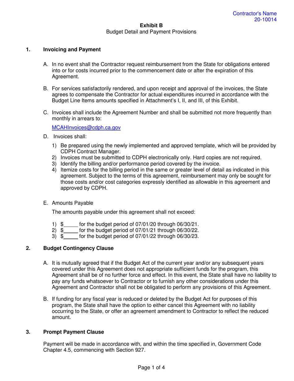 Form RFA20-10014 Exhibit B Budget Detail and Payment Provisions - California, Page 1