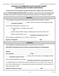 Affidavit of Homeless Status for Free Exempt Certified Copy of Birth Certificate - California, Page 2