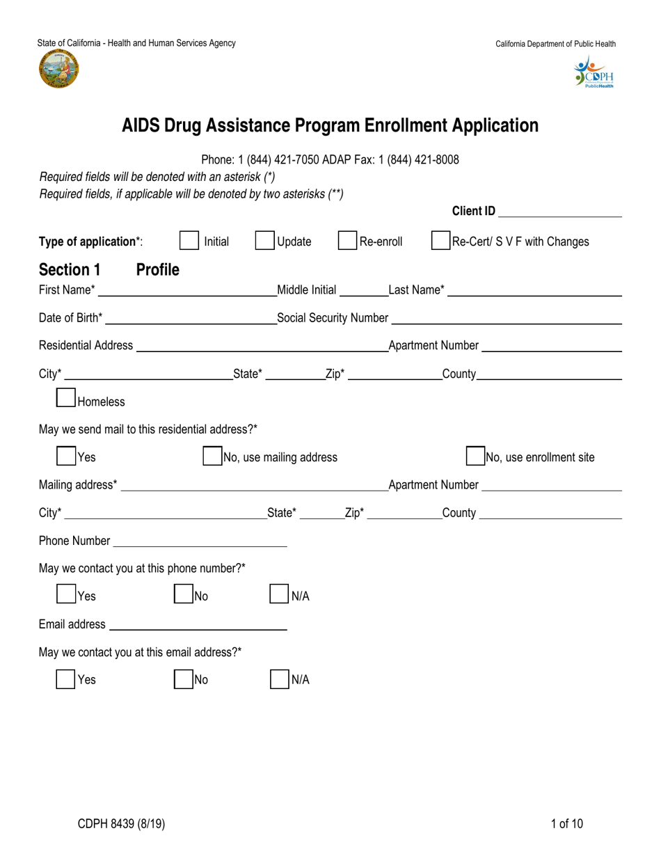 Form CDPH8439 AIDS Drug Assistance Program Enrollment Application - California, Page 1