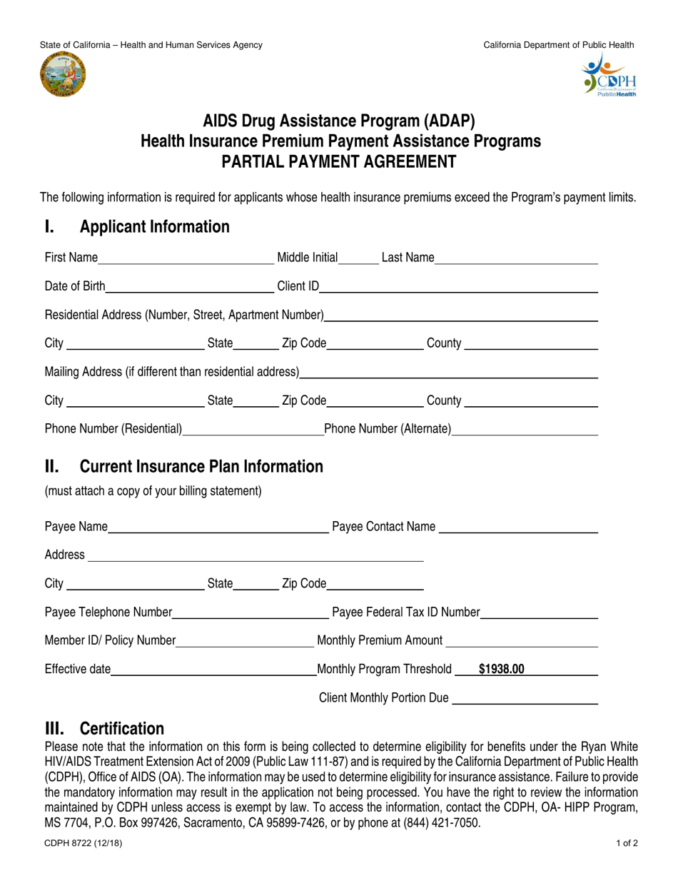 Form CDPH8722 Adap OA-HIPP Program Partial Payment Agreement - California, Page 1