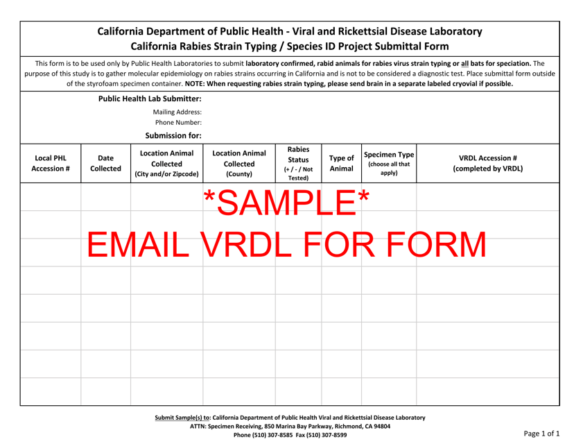 California Rabies Virus Strain Typing and Bat Id Specimen Submittal Form - California Download Pdf