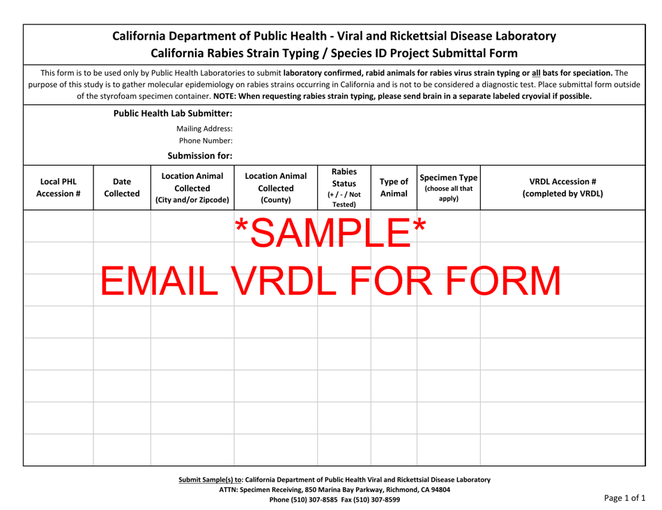 California Rabies Virus Strain Typing and Bat Id Specimen Submittal Form - California, Page 1