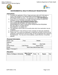 Form CDPH8002 Environmental Health Specialist Registration - California