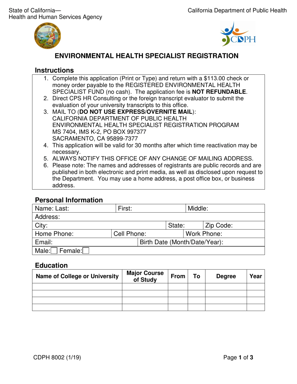Form CDPH8002 Environmental Health Specialist Registration - California, Page 1