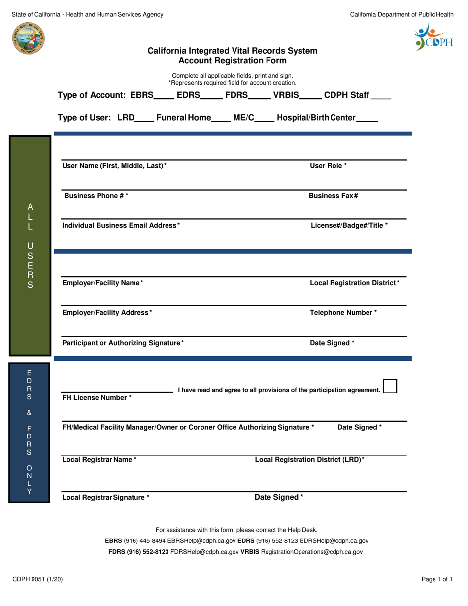 Form CDPH9051 California Integrated Vital Records System Account Registration Form - California, Page 1