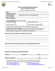 Document preview: Form CDPH9052 California Integrated Vital Records System Account Modification Request - California