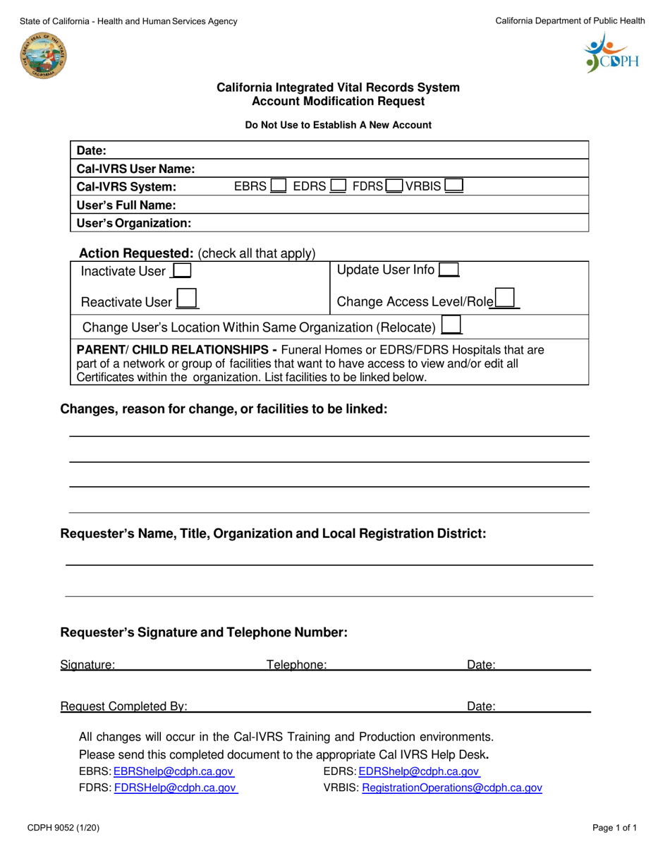 Form CDPH9052 California Integrated Vital Records System Account Modification Request - California, Page 1