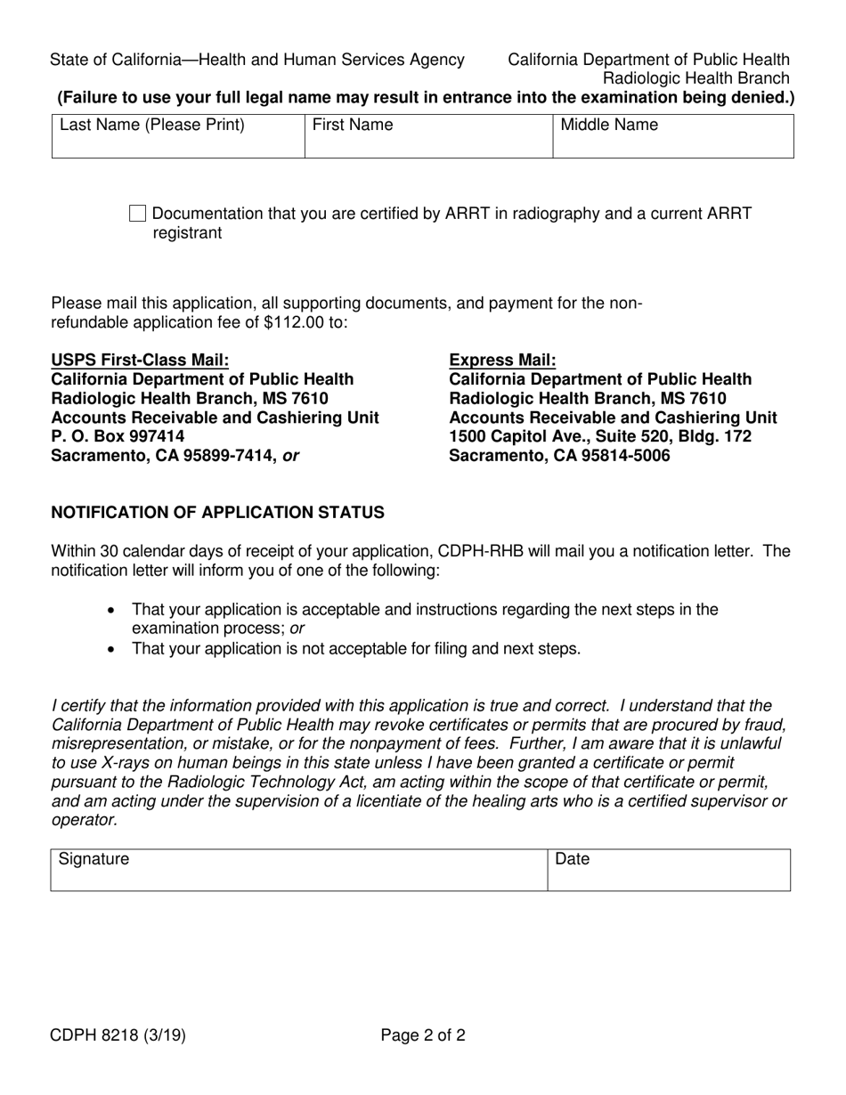 Form CDPH8218 Radiologic Technologist Fluoroscopy Permit Application - California, Page 2