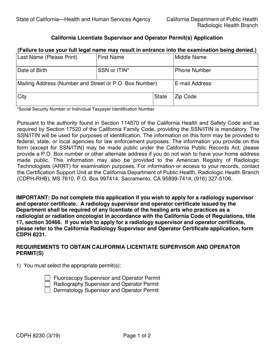Form CDPH8230 California Licentiate Supervisor and Operator Permit(S) Application - California, Page 1