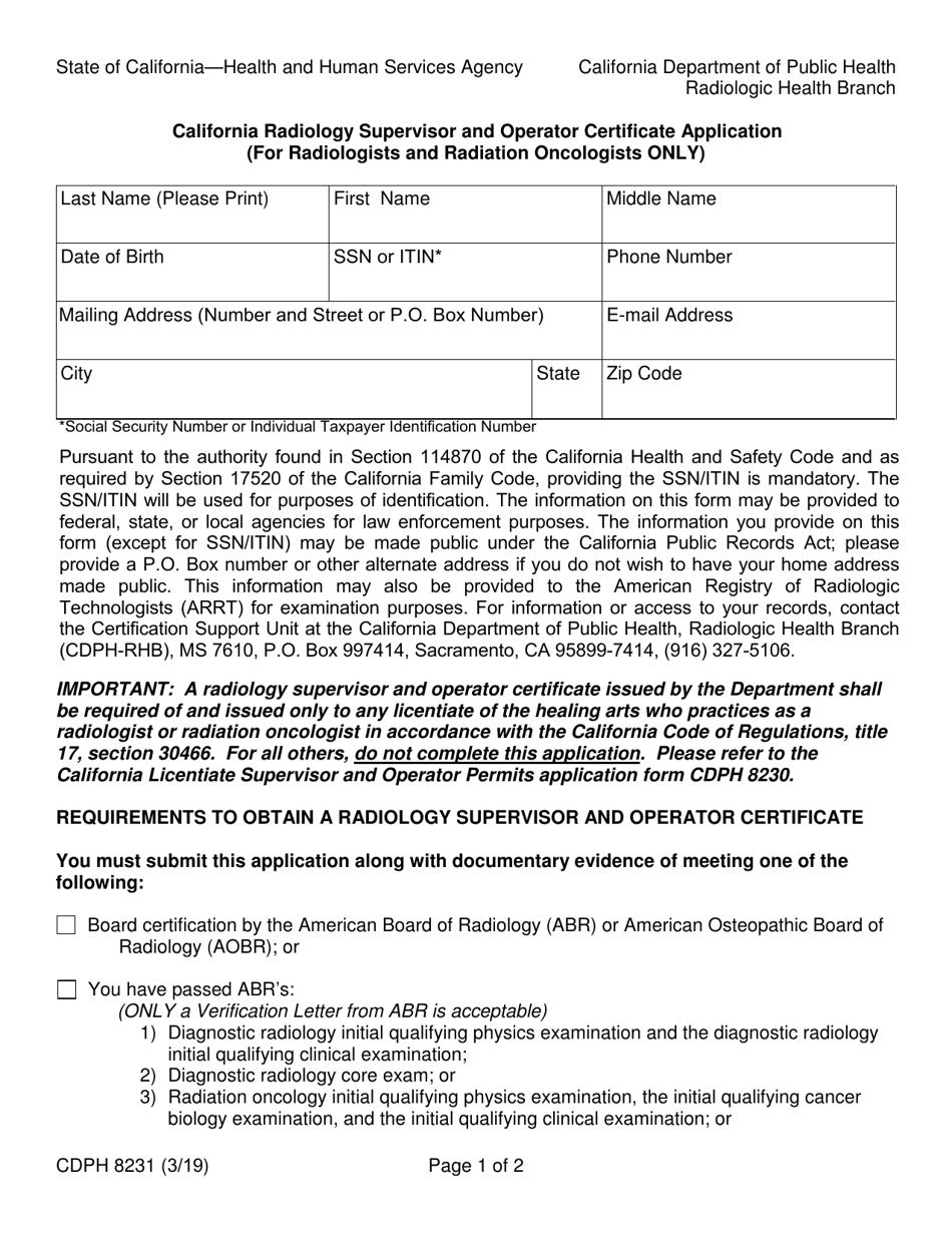 Form CDPH8231 California Radiology Supervisor and Operator Application (For Radiologists and Radiation Oncologists Only) - California, Page 1