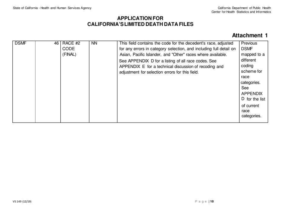 Form VS149 Application for Californias Limited Death Data Files - California, Page 10