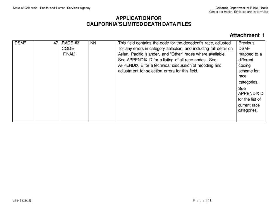 Form VS149 Application for Californias Limited Death Data Files - California, Page 11
