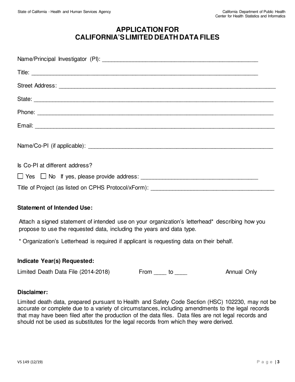 Form VS149 Application for Californias Limited Death Data Files - California, Page 3
