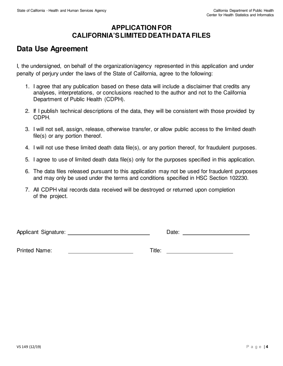 Form VS149 Application for Californias Limited Death Data Files - California, Page 4