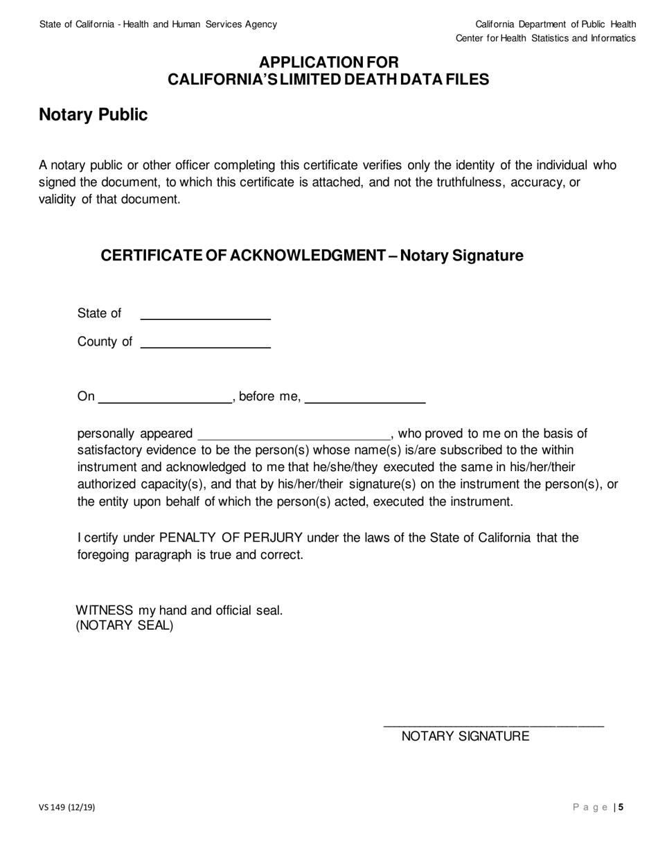 Form VS149 Application for Californias Limited Death Data Files - California, Page 5