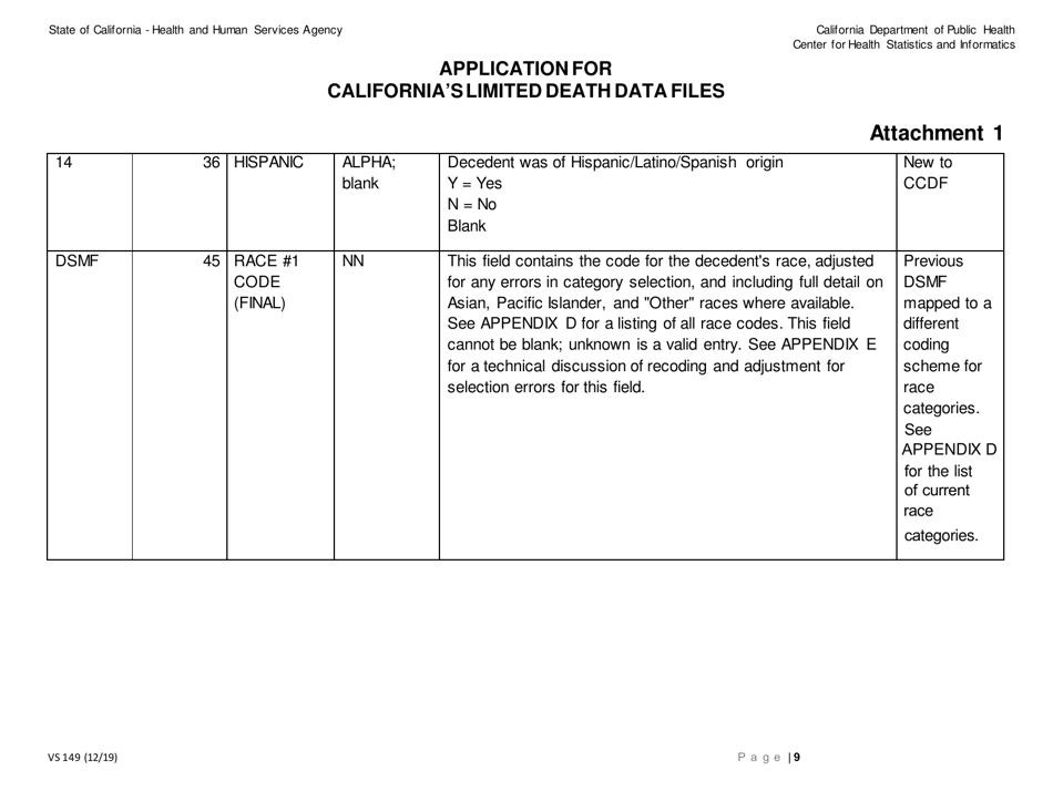 Form VS149 Application for Californias Limited Death Data Files - California, Page 9