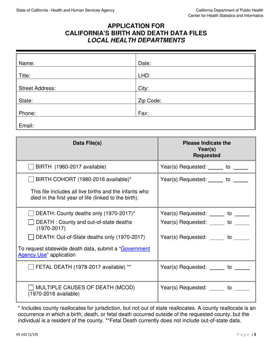 Form VS142 Application to Purchase Californias Birth and Death Data Files for Local Health Departments - California, Page 3