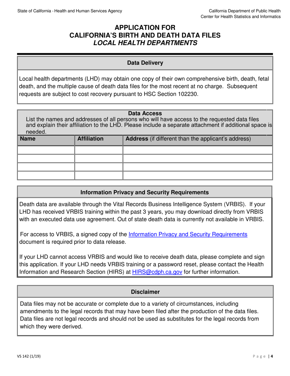 Form VS142 Application to Purchase Californias Birth and Death Data Files for Local Health Departments - California, Page 4