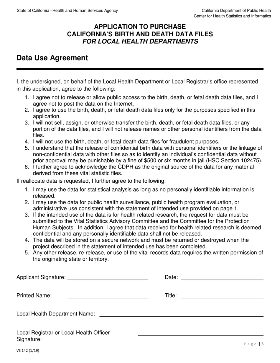 Form VS142 Application to Purchase Californias Birth and Death Data Files for Local Health Departments - California, Page 5