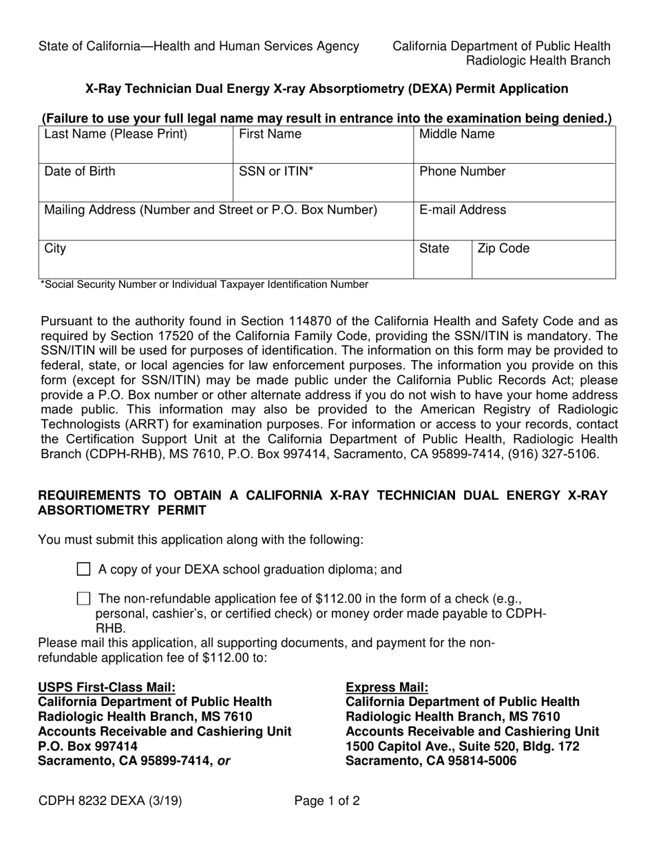 Form CDPH8232 DEXA X-Ray Technician Dual Energy X-Ray Absorptiometry (Dexa) Permit Application - California, Page 1