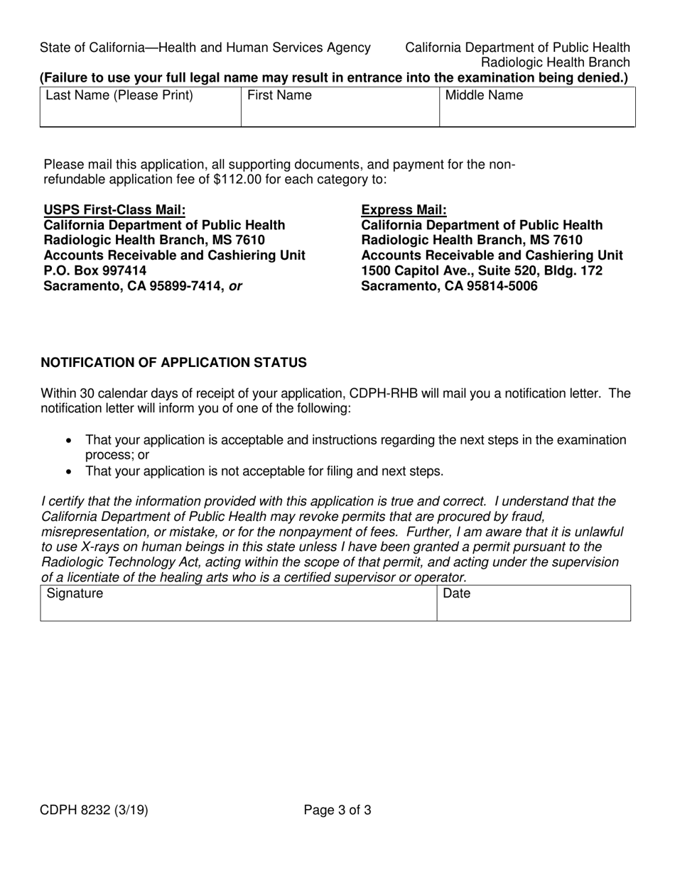 Form CDPH8232 X-Ray Technician Limited Permit Application - California, Page 3