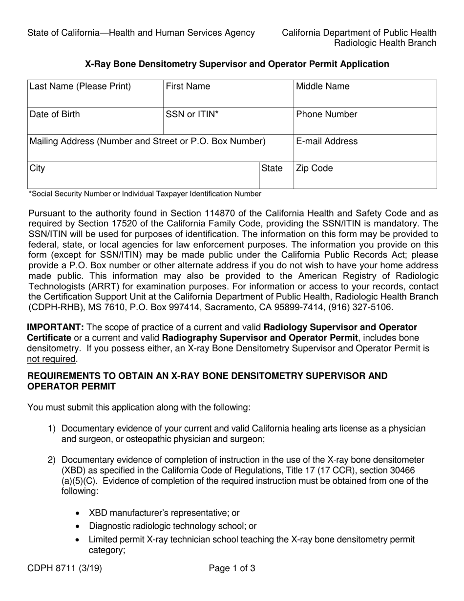 Form CDPH8711 X-Ray Bone Densitometry Supervisor and Operator Permit Application - California, Page 1