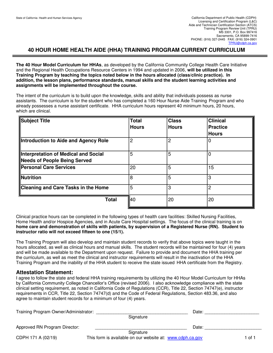 Form CDPH171A 40 Hour Home Health Aide (Hha) Training Program Current Curriculum - California, Page 1