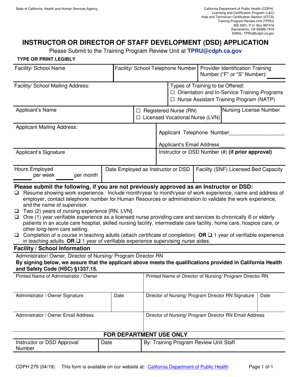 Form CDPH279 Instructor or Director of Staff Development (Dsd) Application - California, Page 1