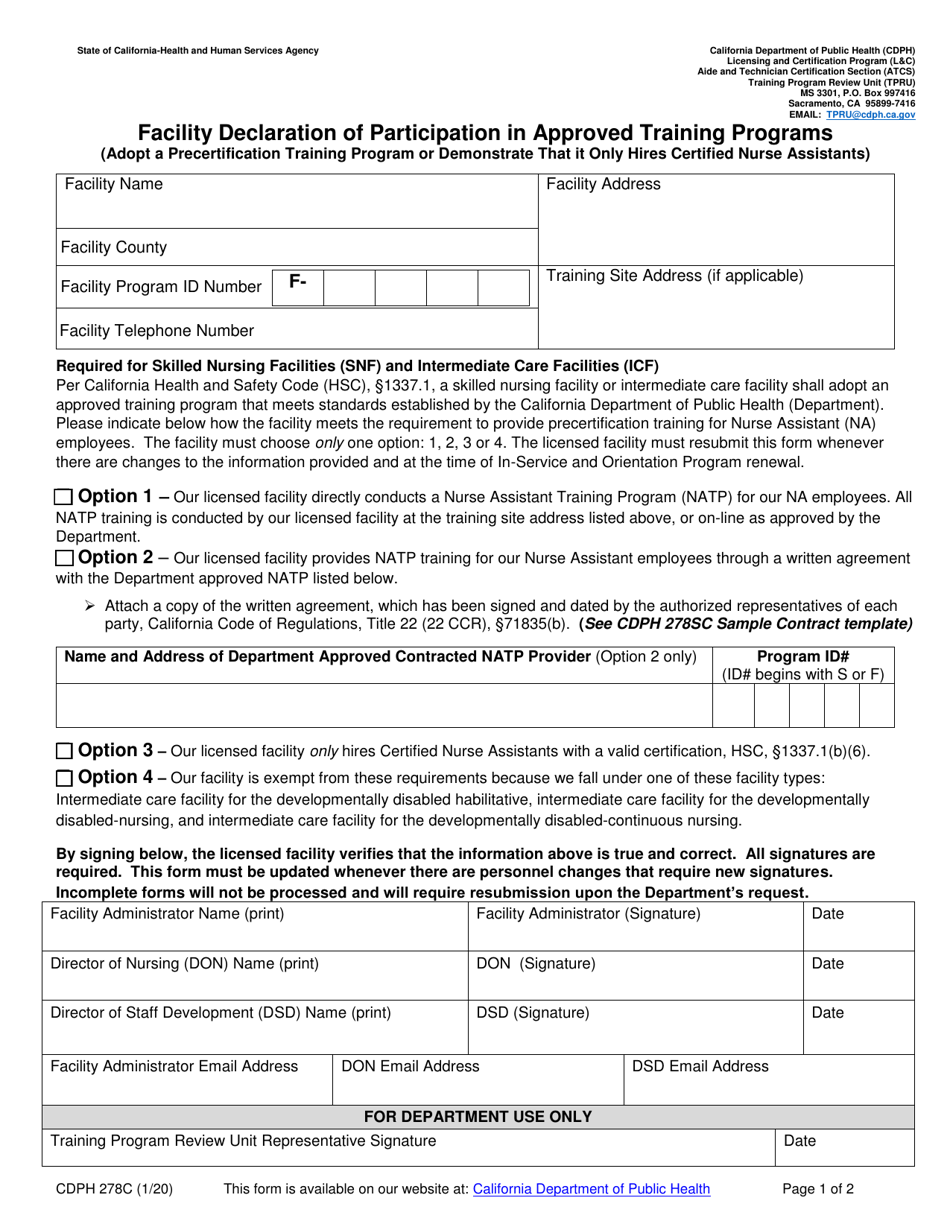 Form CDPH278C Facility Declaration of Participation in Approved Training Programs - California, Page 1