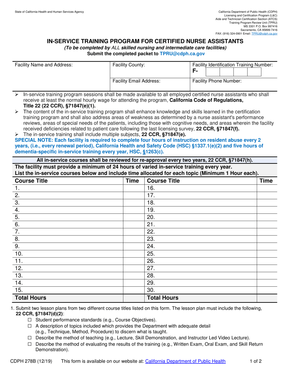 Form CDPH278B In-Service Training Program for Certified Nurse Assistants - California, Page 1