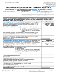 Form CDPH278A Orientation Program Content for Nurse Assistants - California