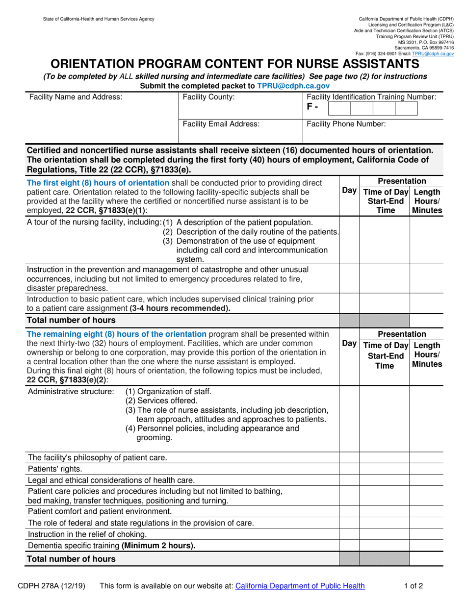 Form CDPH278A Orientation Program Content for Nurse Assistants - California, Page 1