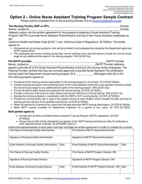 Form CDPH E278SC Option 2 - Online Nurse Assistant Training Program Sample Contract - California
