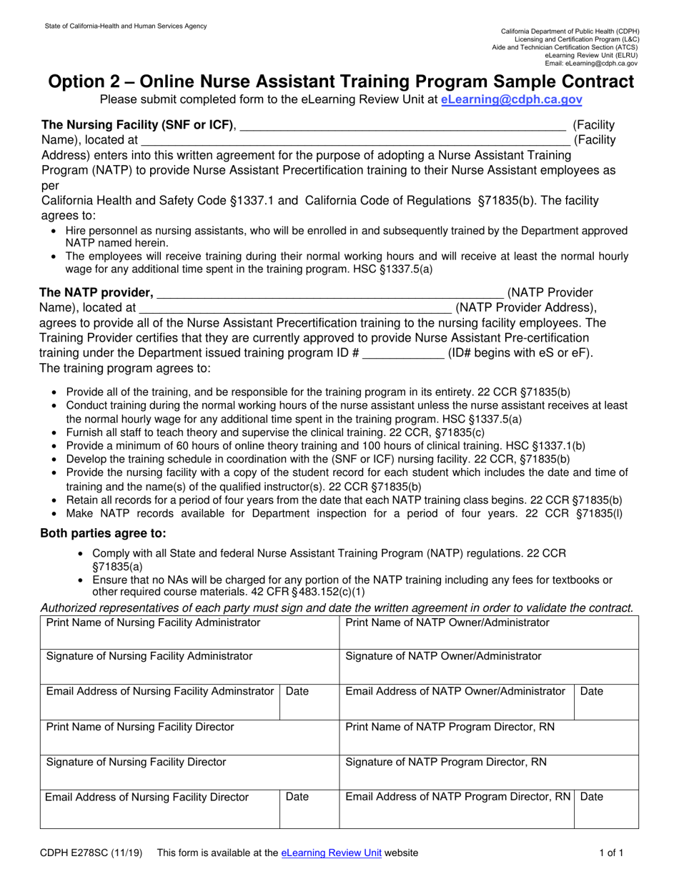 Form CDPH E278SC Option 2 - Online Nurse Assistant Training Program Sample Contract - California, Page 1