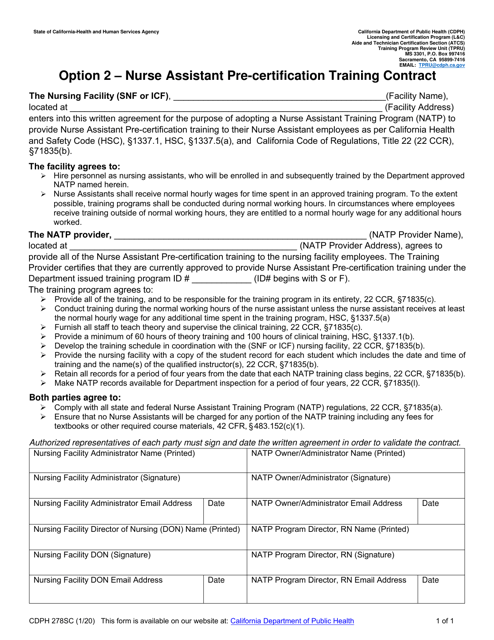 Form CDPH278SC Option 2 - Nurse Assistant Pre-certification Training Contract - California